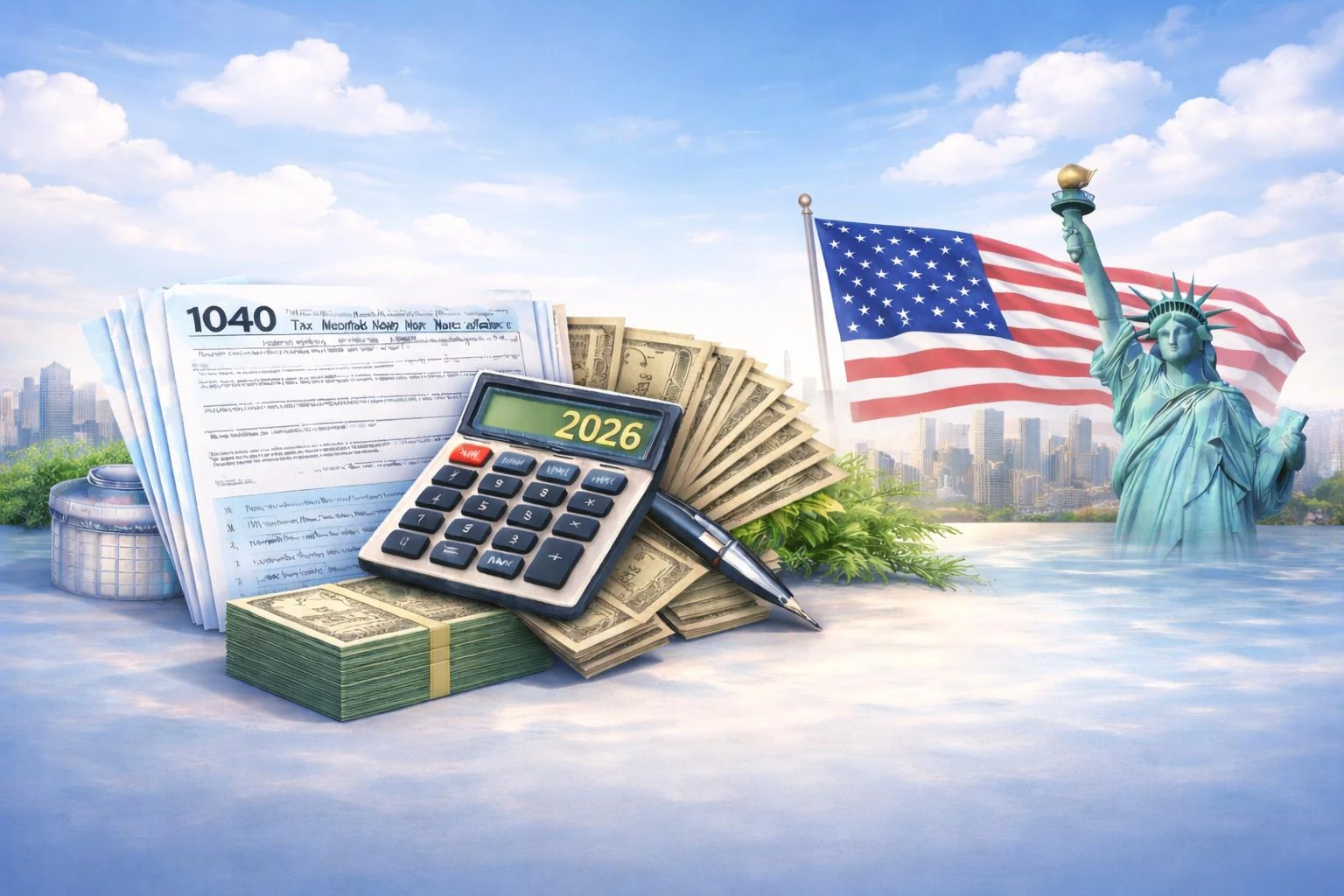 Tax paperwork and financial records with United States landmarks